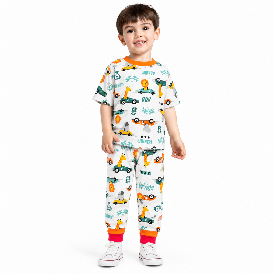 Kids Animal Race Car Print T-Shirt & Pant Set - White Orange