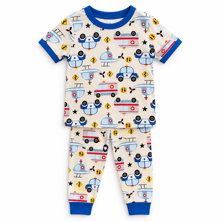 Kids Police & Ambulance Print T-Shirt & Pant Set - Cream Blue