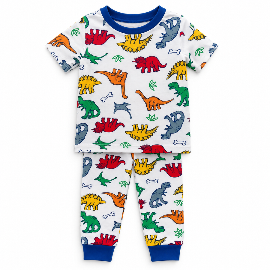 Kids Colourful Dinosaur Print T-Shirt & Pant Set - White Royal Blue