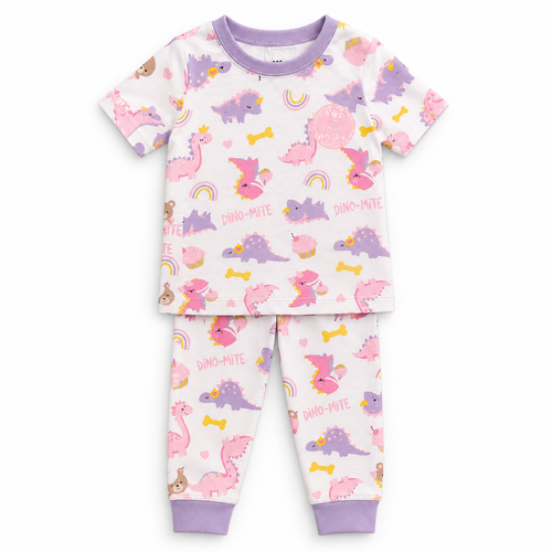 Kids Dino-Mite Pink Dinosaur Print T-Shirt & Pant Set - White Lavender
