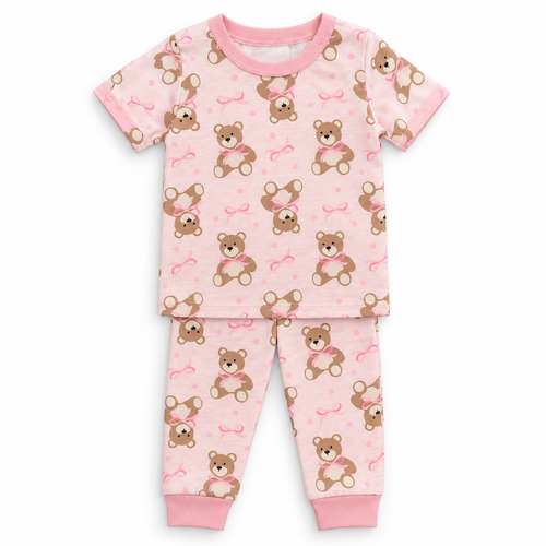 Kids Teddy Bear & Bow Print T-Shirt & Pant Set - Pink