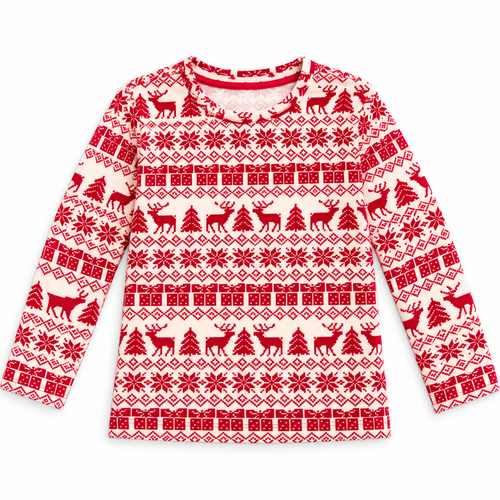 Girl Kids Christmas Reindeer Full Sleeve T-Shirt & Pant Set - Cream Red