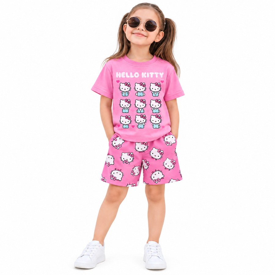 Girl modelling pink Hello Kitty T-shirt and matching shorts, front view