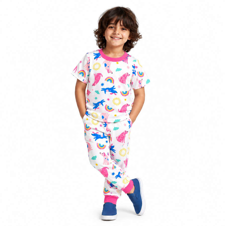 Kids Puppy & Rainbow Print T-Shirt & Pant Set - White Pink