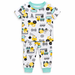Kids Construction Truck Print T-Shirt & Pant Set - White Mint