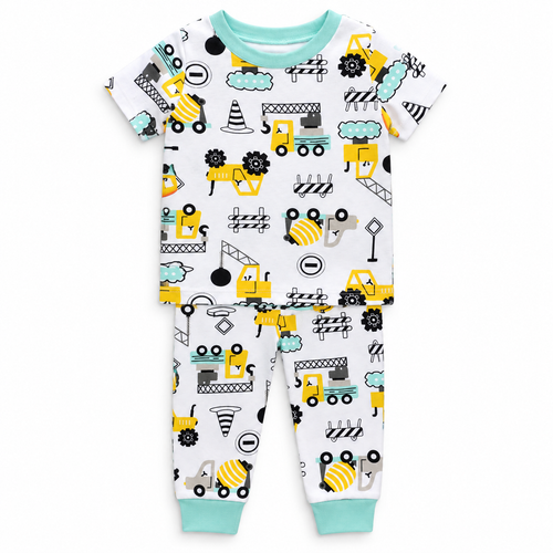 Kids Construction Truck Print T-Shirt & Pant Set - White Mint