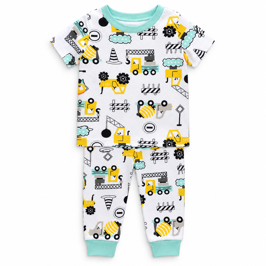 Kids Construction Truck Print T-Shirt & Pant Set - White Mint