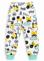 Kids Construction Truck Print T-Shirt & Pant Set - White Mint