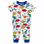 Kids Colourful Dinosaur Print T-Shirt & Pant Set - White Royal Blue