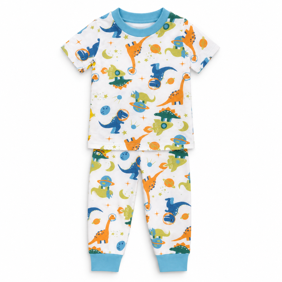 Kids Space Dinosaur Print T-Shirt & Pant Set - White Blue