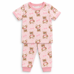 Kids Teddy Bear & Bow Print T-Shirt & Pant Set - Pink
