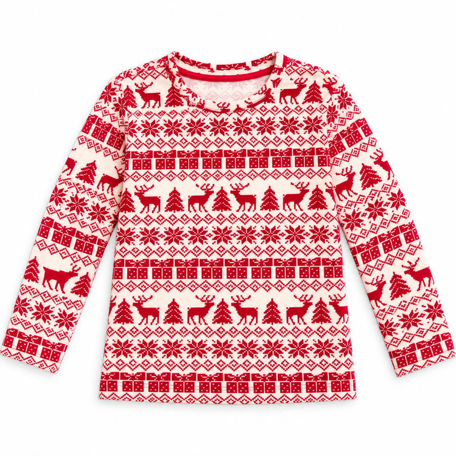 Girl Kids Christmas Reindeer Full Sleeve T-Shirt & Pant Set - Cream Red