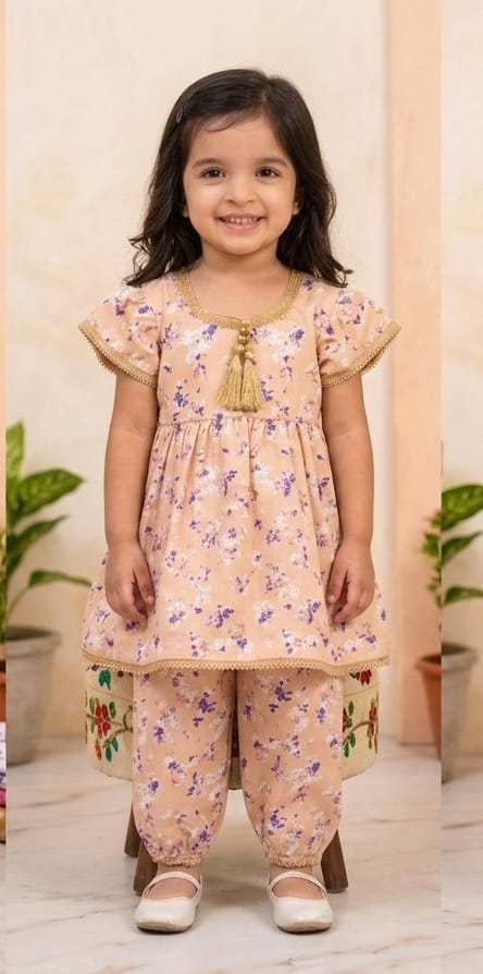Girls Floral Peplum Top and Pant Co-ord Set - Peach