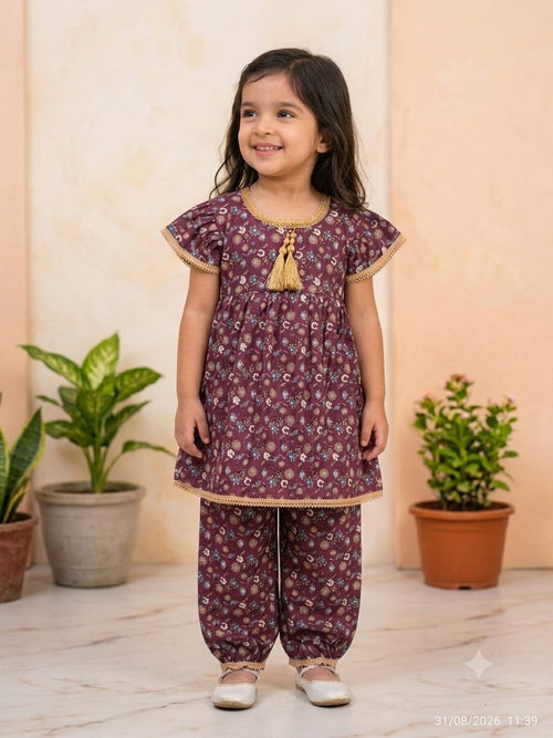 Girls Floral Peplum Top and Pant Co-ord Set - Maroon