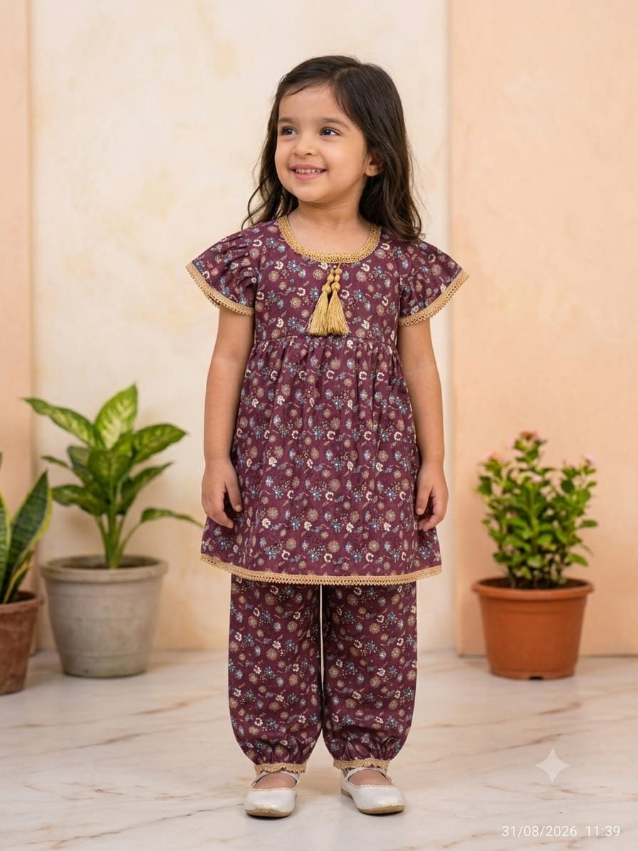 Girls Floral Peplum Top and Pant Co-ord Set - Maroon