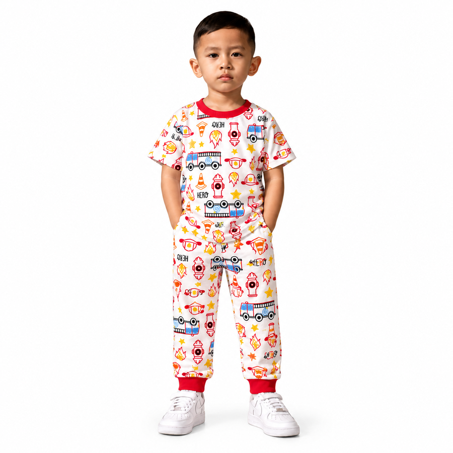 Kids Fire Truck Hero Print T-Shirt & Pant Set - White Red