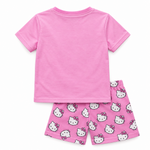 Pink Hello Kitty T-shirt and matching printed shorts, back view on white background