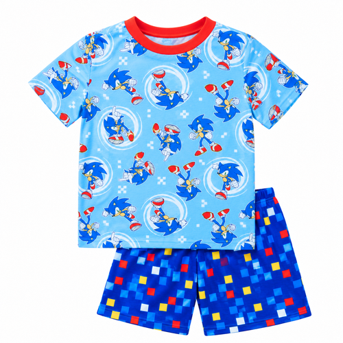 Sonic sky-blue kids T-shirt and blue pixel-print shorts set, front view